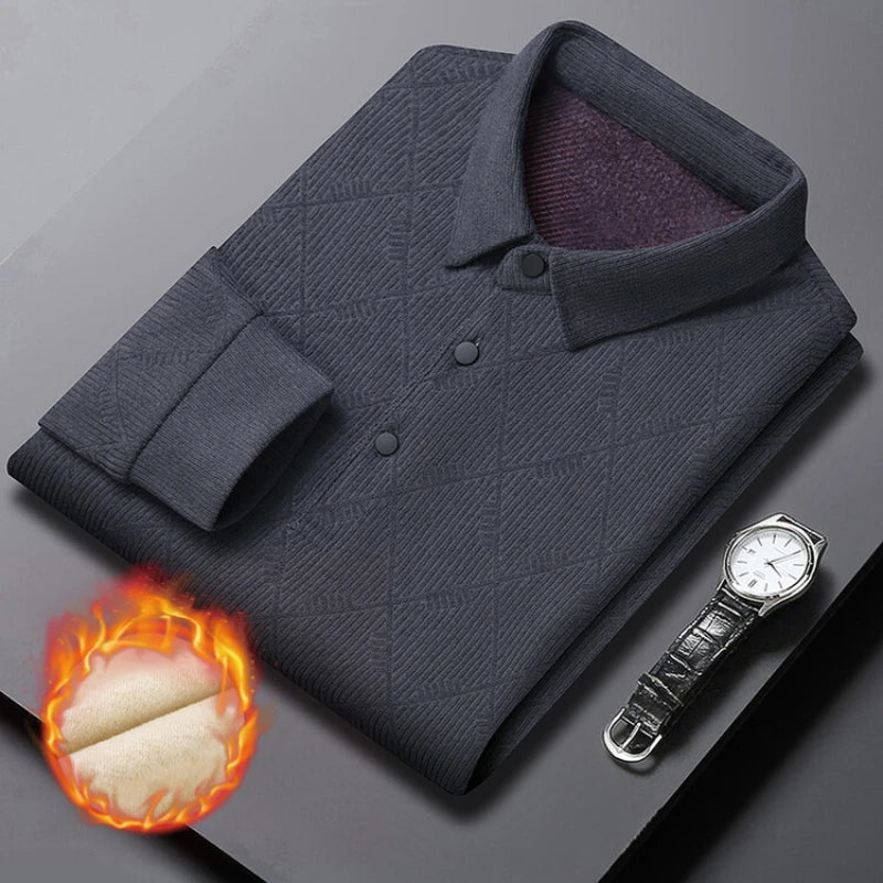 Thickened Autumn and Winter Warm Geometric Pattern POLO  Daily Leisure Men's Commuting Long-sleeved Plus Velvet Lapel T-shirt.