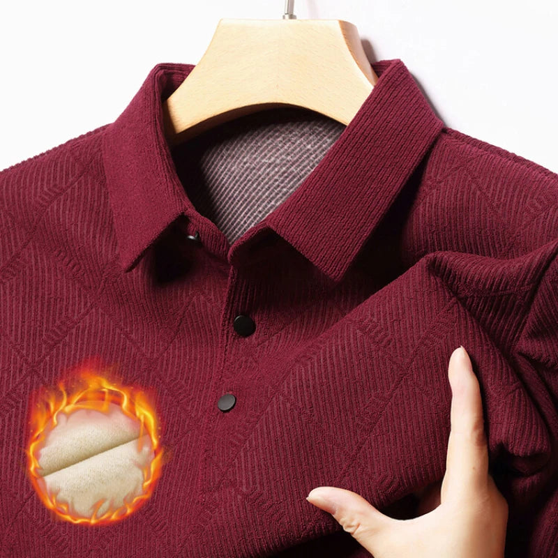 Thickened Autumn and Winter Warm Geometric Pattern POLO  Daily Leisure Men's Commuting Long-sleeved Plus Velvet Lapel T-shirt.