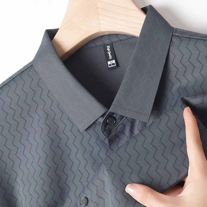 Lapels Men's Shirt, Slim Fit Short-Sleeved Shirt, 2024 Summer, Knitted Fabric Short-Sleeved Polo Shirt Fashion Dark Pattern