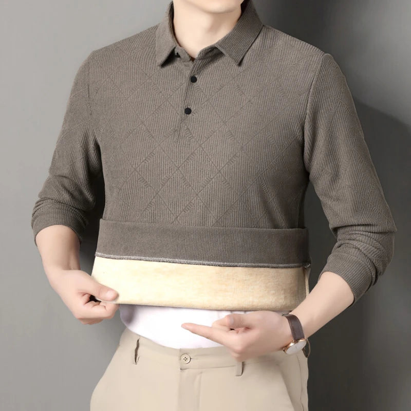 Thickened Autumn and Winter Warm Geometric Pattern POLO  Daily Leisure Men's Commuting Long-sleeved Plus Velvet Lapel T-shirt.