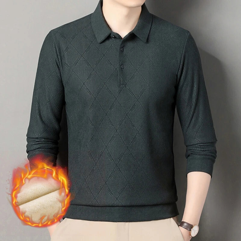 Thickened Autumn and Winter Warm Geometric Pattern POLO  Daily Leisure Men's Commuting Long-sleeved Plus Velvet Lapel T-shirt.