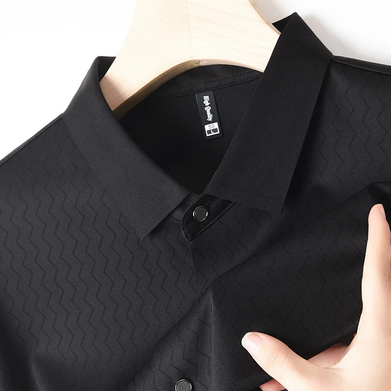 Lapels Men's Shirt, Slim Fit Short-Sleeved Shirt, 2024 Summer, Knitted Fabric Short-Sleeved Polo Shirt Fashion Dark Pattern